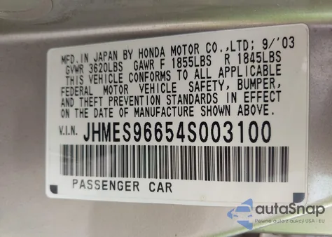 2004 Honda Civic Hybrid z USA, uszkodzony, nr VIN JHMES96654S003100